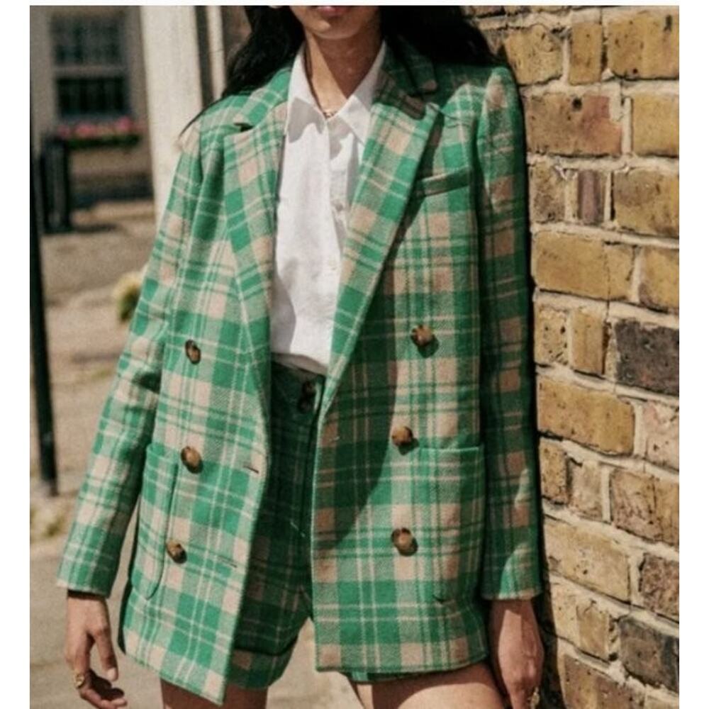 SEZANE Sz 46 14 Green Tan Check Plaid Wool Michele Jacket Blazer